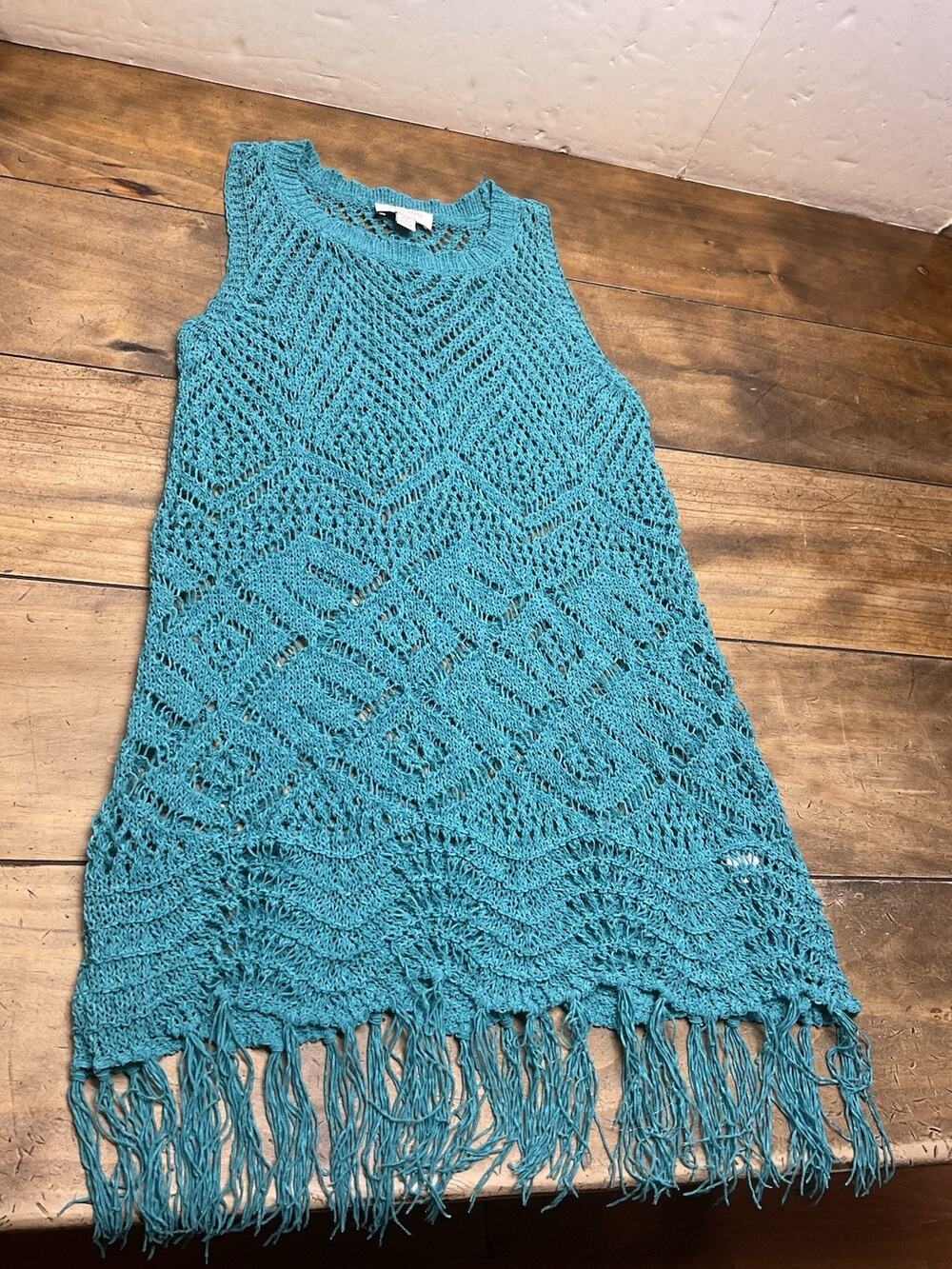 Allison New York Crochet Fringe Tunic Cover Up Cream Boho Swim Sleeveless S